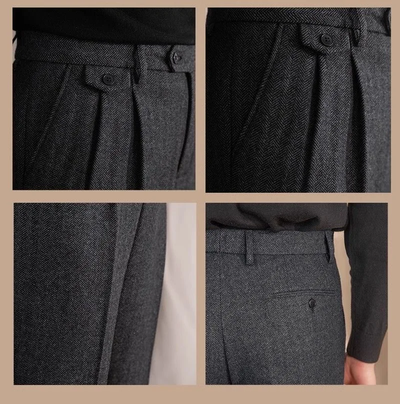 Italian Vintage Suit Pant For Men Autumn Winter Wool Herringbone Pattern Straight Trousers British Style Business Casual Pants