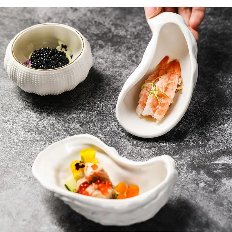 Ceramic White Sea Urchin Plate Dessert Bowl Irregular Oyster Restaurant Decoration Tableware Seasoning Spice