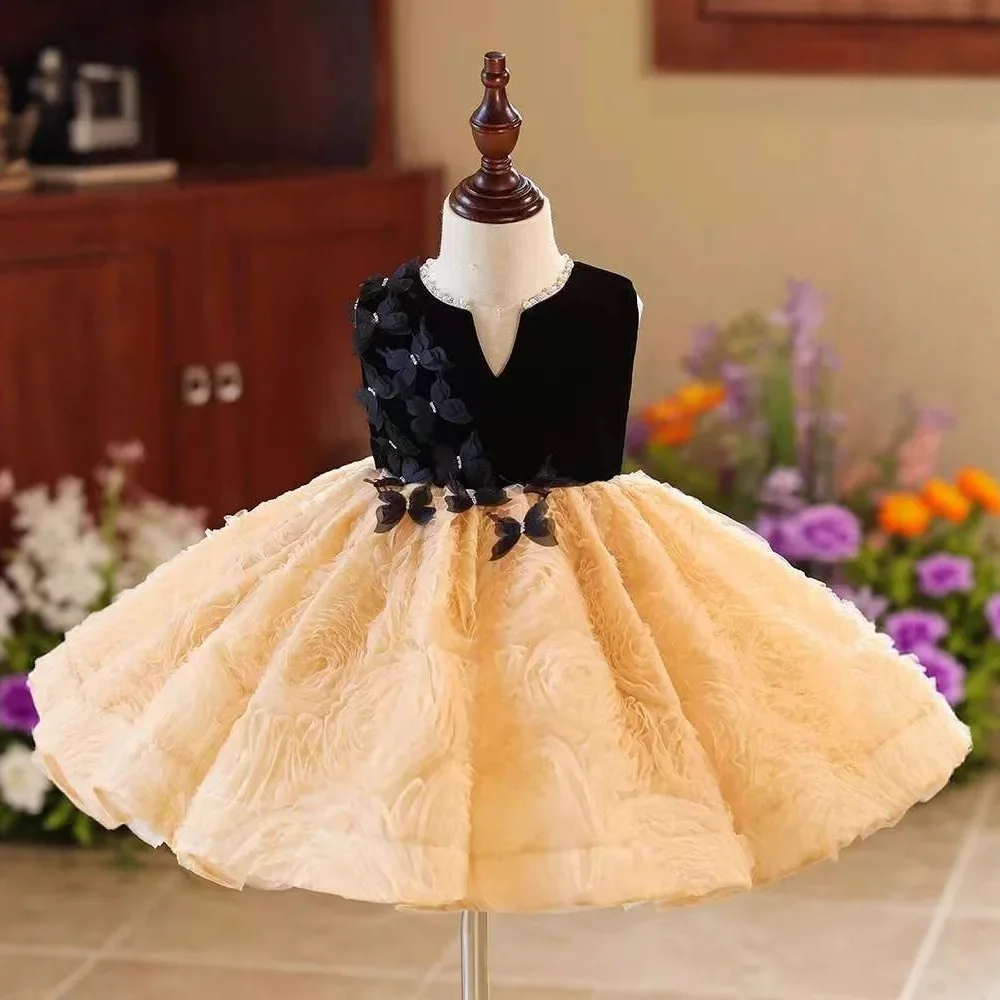 Summer Children Black Elegant Butterfly Evening Gown Kids Girls Premium Banquet Princess Dresses Sleeveless Luxury Ball Costume