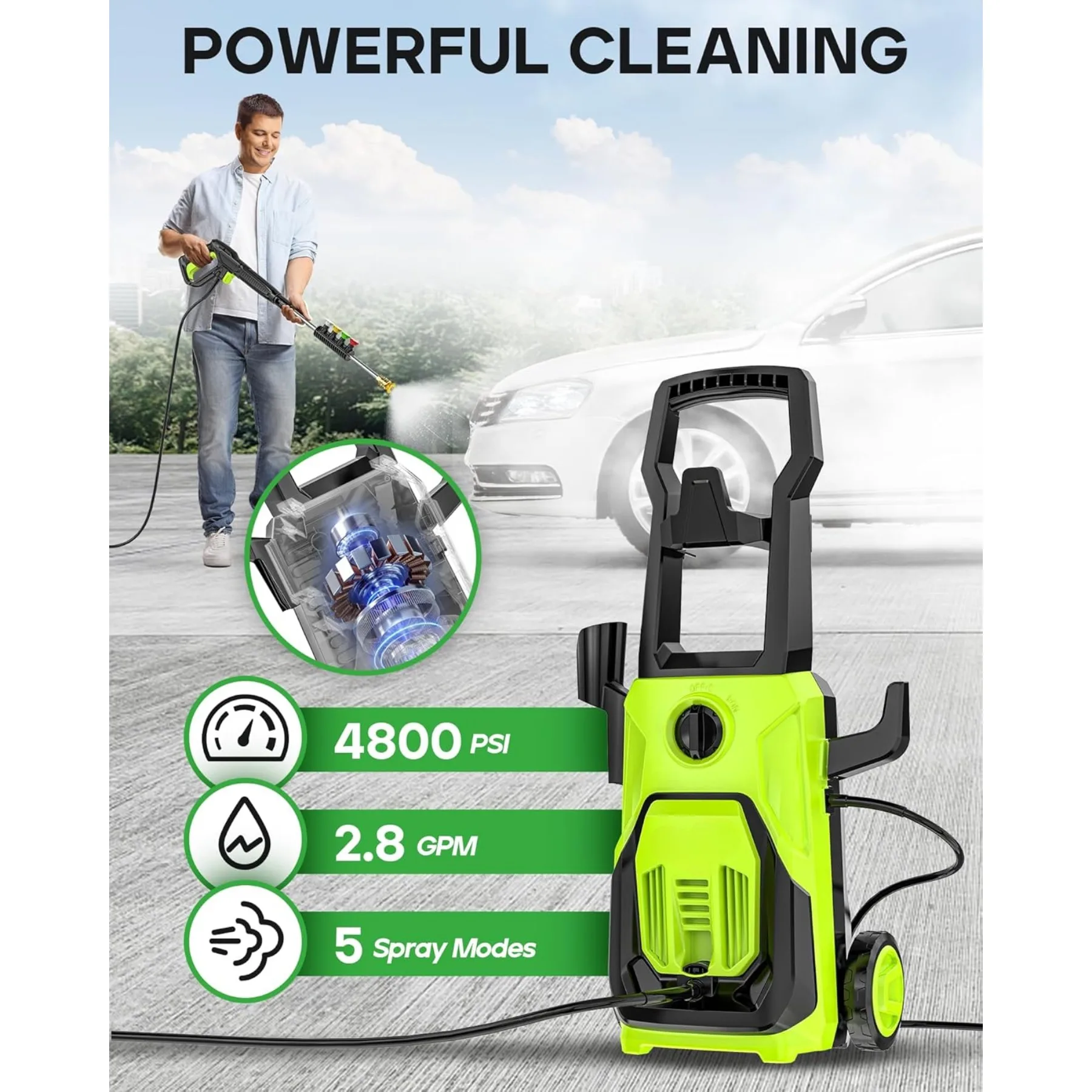전기 고압 세척기 4800 PSI 2.8 GPM, 4개 노즐 및 폼 캐논 포함 전동식 파워 세척기
