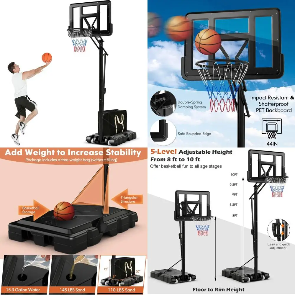 แท่นบาสเก็ตบอลปรับระดับความสูงได้สำหรับกลางแจ้ง - 8-10 ฟุต สำหรับผู้ใหญ่ พร้อมแป้นบาสขนาด 44 นิ้ว ระบบเคลื่อนย้ายได้ด้วยล้อ