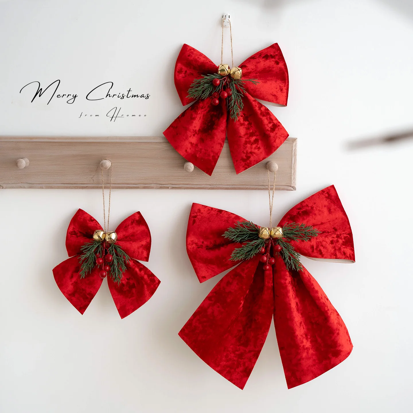 Christmas Bow Pendant Red Velvet Bow Knot Baubles with Bell Red Berry DIY Xmas Trees Hanging Ornaments Home Party Decorations