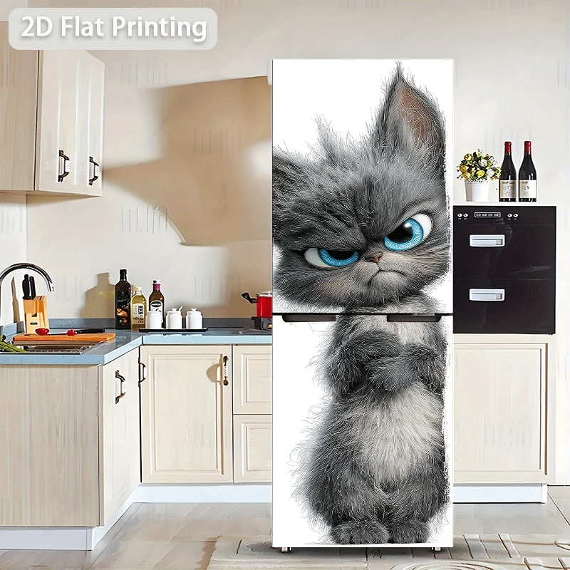 Refrigerator Sticker Angry Little Gray Cat Themed Scene Wall Decal Self-Adhesive Wallpaper Suitable for Cabinets and Wardrobes