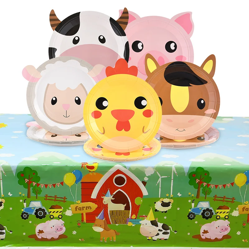 1/10pcs Farm Animal Party Tablecloth Barnyard Farmhouse Disposable Tableware Pig Cow Sheep Animal Theme Birthday Party Decoation