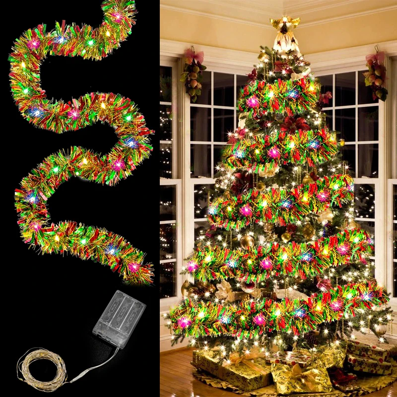 16FT/5M Sparkling Christmas Coloured Ribbon 50LED Tinsel Garland Christmas Tree Indoor Wedding Party Decoration Holiday Lighting