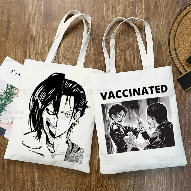 Attack On Titan Mikasa Eren Yeager Shopping Bag Grocery Handbag Bolsas De Tela Tote Liberty Shingeki No Kyojin Shopping Bag Jute