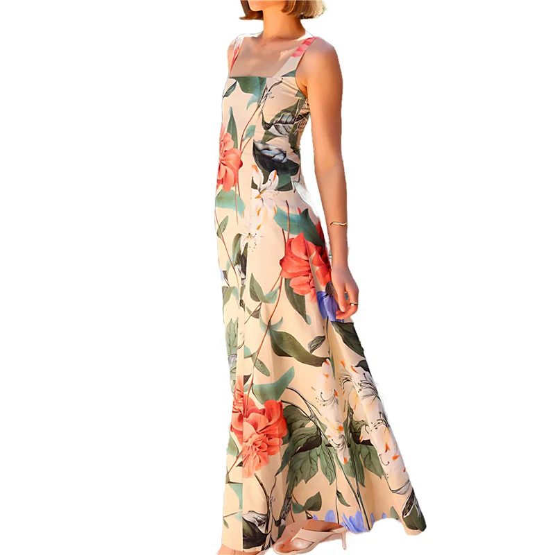 ABRT-เดรสยาวคอสี่เหลี่ยมแขนกุดลายดอกไม้ Flowy ของผู้หญิง A Line Maxi Dress