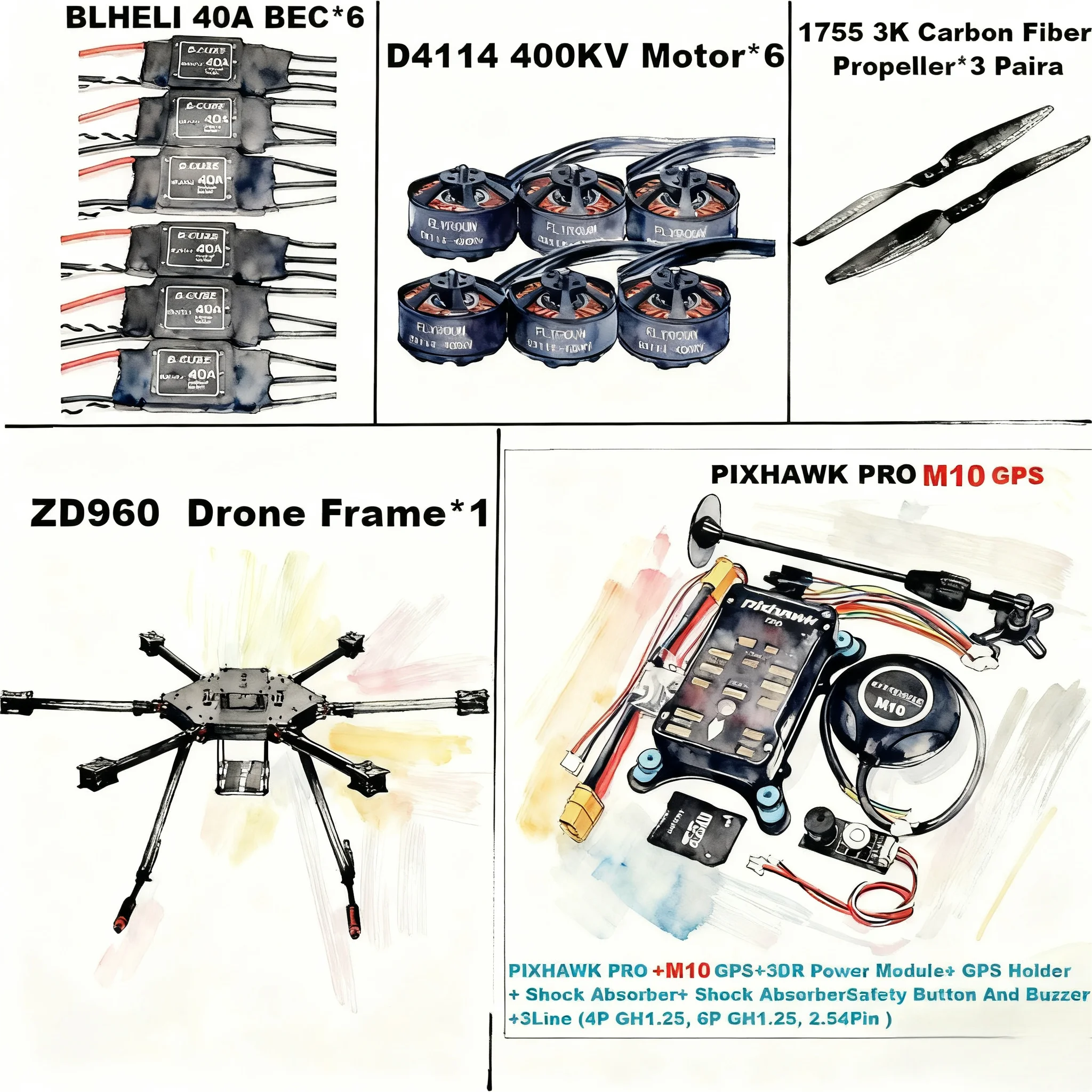 Rctosky ZD960 PRO M10 Full Carbon Fiber  Hexa-Rotor Frame BLHELI 40A ESC Flight Comtrol Rado Telemetry Set