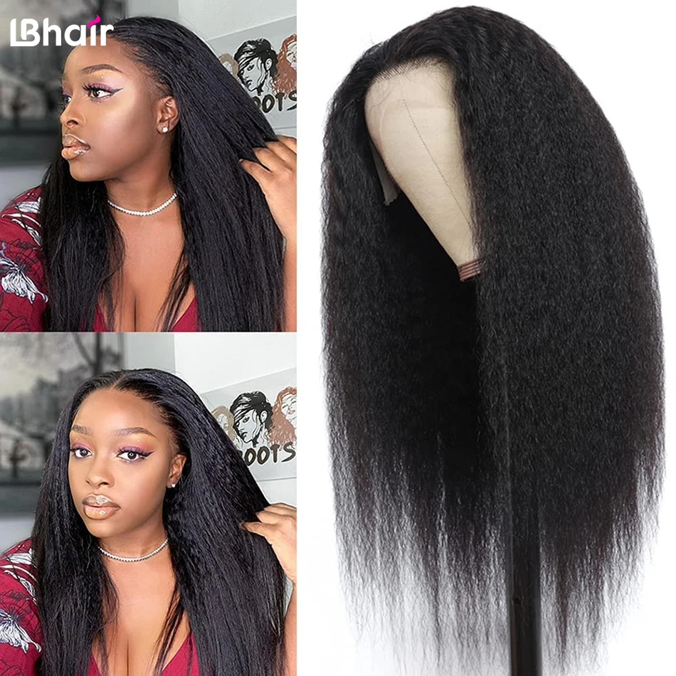 LBhair 13x6 Kinky Straight Human Hair Lace Front Wigs for Black Women Pre Bleached Knots Kinky Straight Human Hair Wig 26 Inch