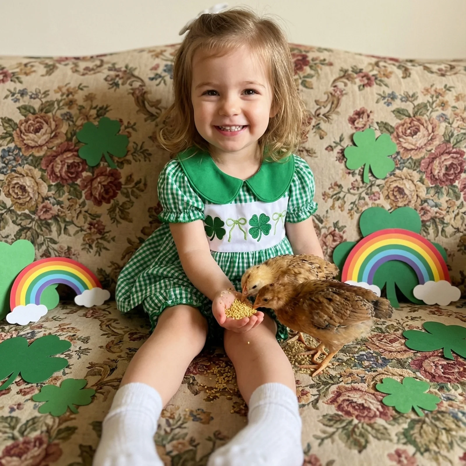 

Комплект из 2 предметов для девочек: топ с коротким рукавом, воротником-стойкой и вышивкой клевера, в клетку, и шорты.