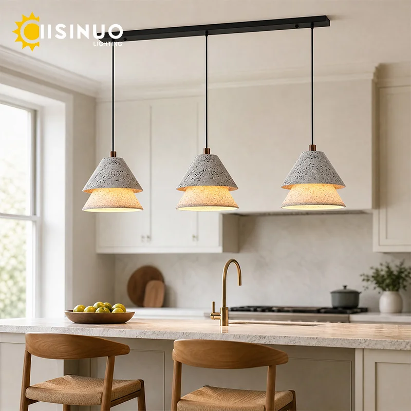 Modern Xuan Paper Stone Pendant Light 1/2/3 Heads Adjustable Height Suspension LED Hanging Lamp for Dining Room Bar Kitchen Isla