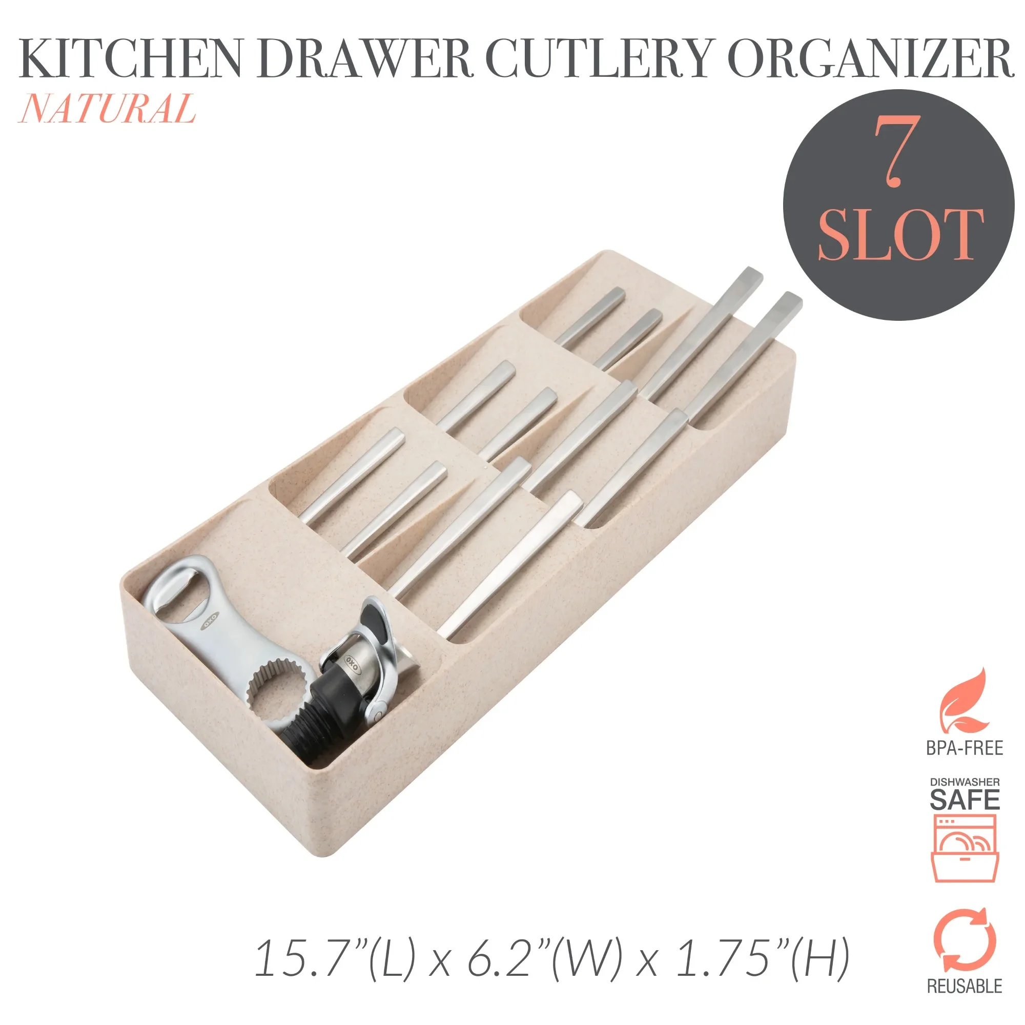 تفاصيل المطبخ منظم أدوات المائدة 7 أقسام 15.87 لتر × 6.22 باللون الطبيعي