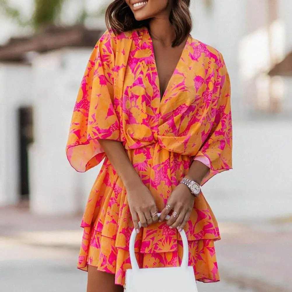 Fashion Dot Print Beach Mini Dresses vestido V-Neck Batwing Half Sleeve Layer Ruffle Hem High-Waist Drawstring Summer Dress robe