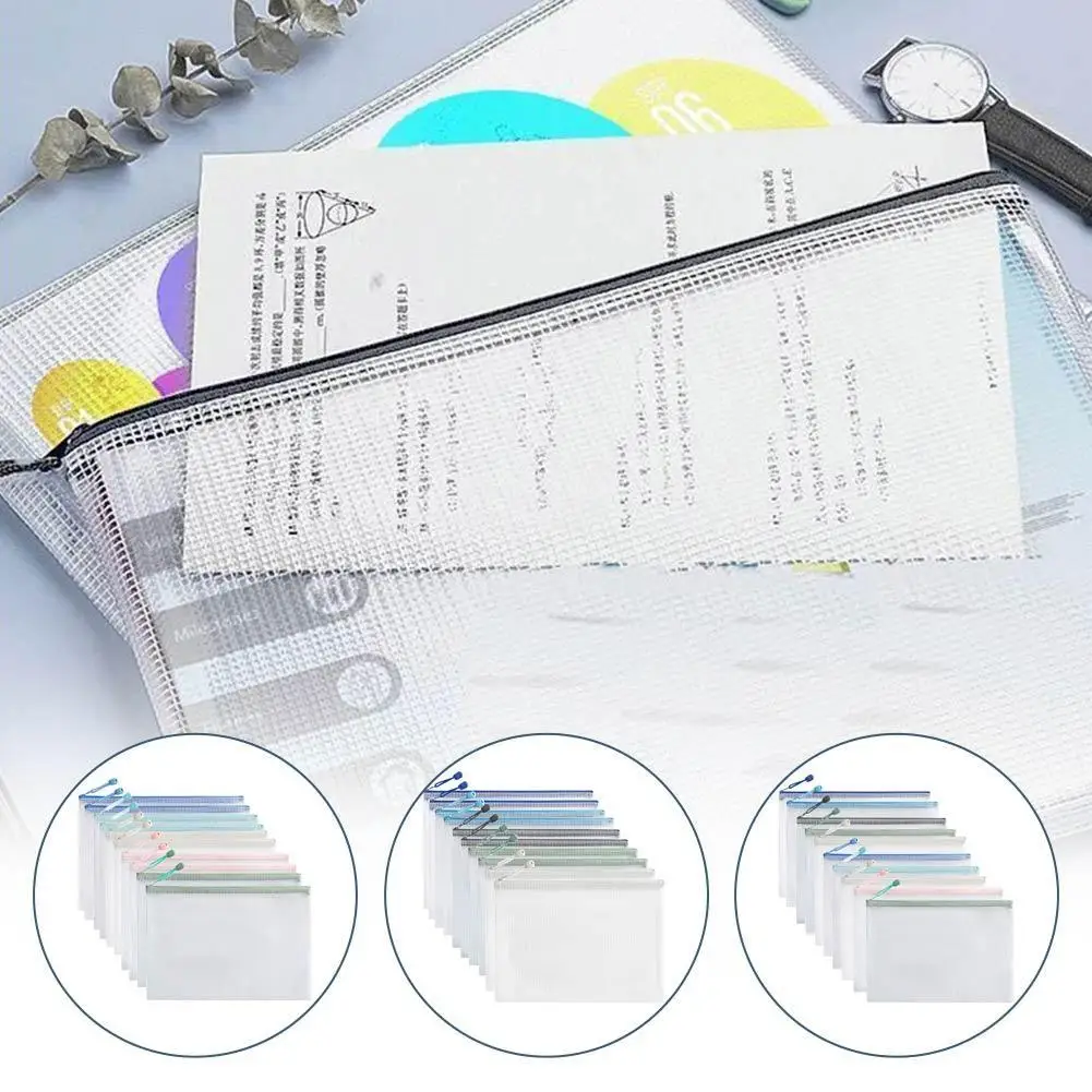 

10Pcs Morandi Light Color Series Mesh Stationery Storage Bags With Zipper For Students School Office Supplies