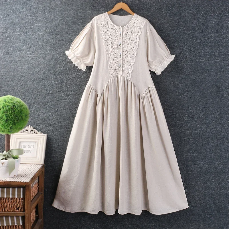 Summer Sweet Mori Girl Hollow Out Embroidered Cotton Linen Dress Women O-neck Short Sleeve Casual Loose A-line Dresses