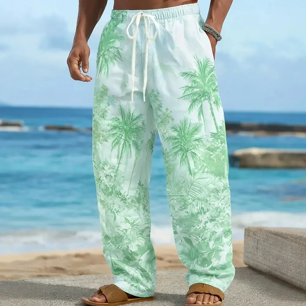 2026 New Women's and Men's Beach Pants Tropical Palm Flower 3D Printed Gradient Wide Pants Elastic Waist Strap Casual Summer