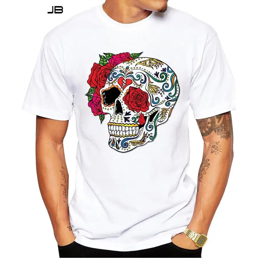 

Fashion Heart break Sugar Skull Design Men T-Shirt Short Sleeve Casual Tops Hipster Flower Skull Printed T Shirts Funny Cool Tee