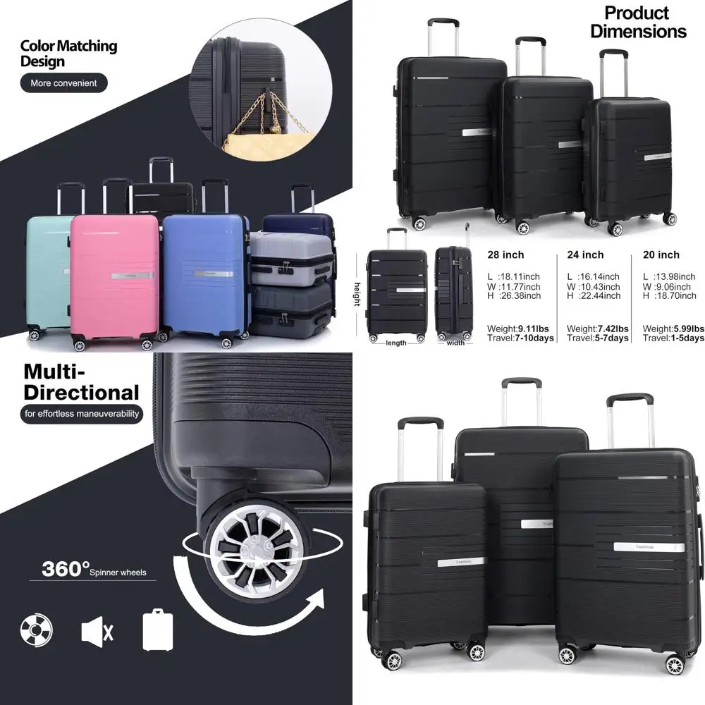 

Легкий комплект багажа с двойным спиннером и замком TSA, 20/24/28 дюймов, черный