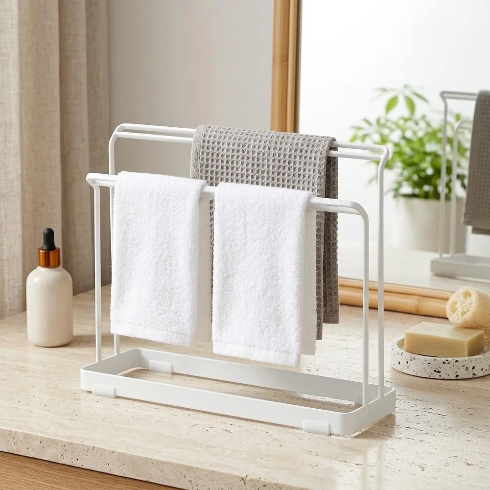 Carbon Steel Foldable Dish Towel Rack with Dual Hanging Rods for Improved Airflow and Quick Drying of Multiple Cleaning Cloths