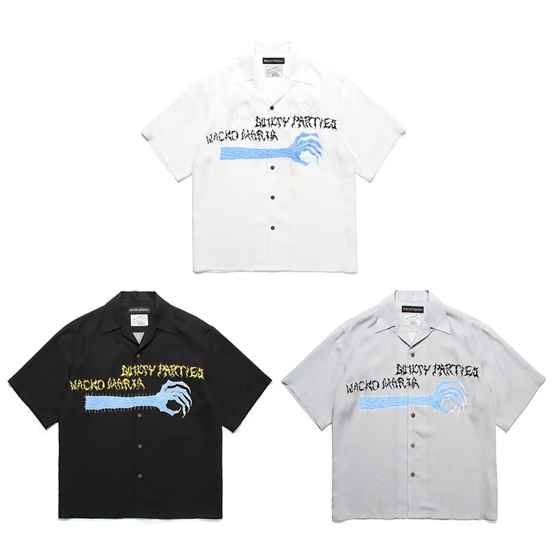 

Trend Creative Mens Womens Brand WACKO MARIA 25ss New Graffiti Illustration Hawaii Short Sleeve Shirt Summer Shirt