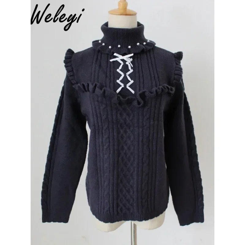 Japanese Style Women Sweet Pearls Knitted Sweater 2024 Winter Cute Handmade Velvet Ruffled All Matching High Neck Inner Pullover