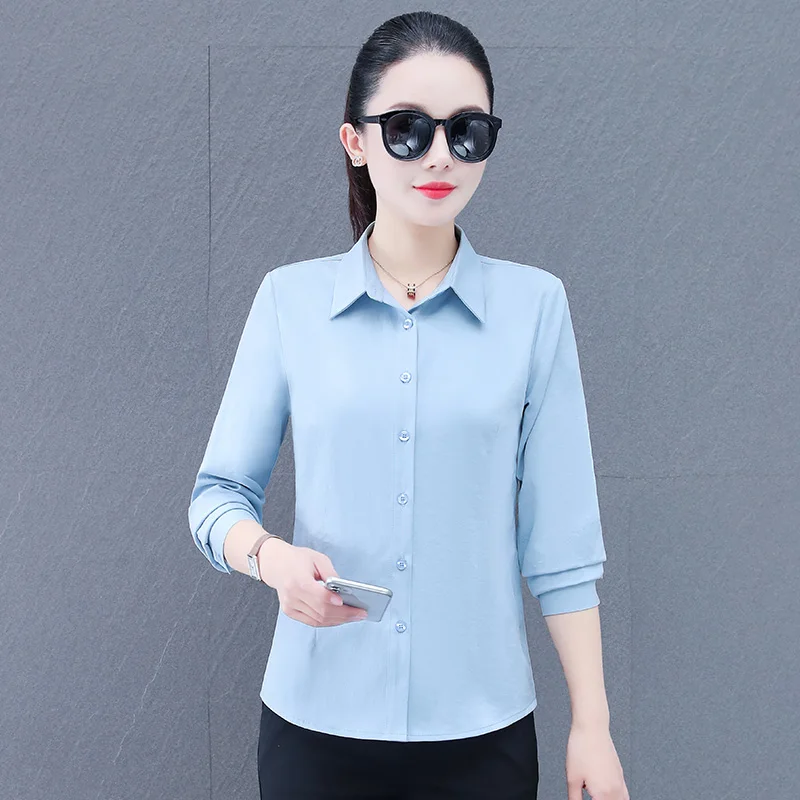 New Women'S Fashion Spring Autumn Professional Dress Collar Pure Color Long Sleeve Top Business Workplace Interview Work Shirt