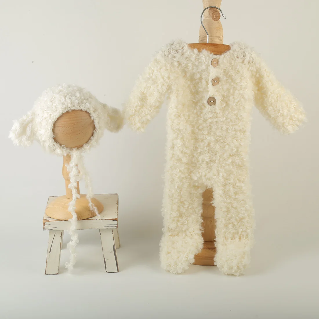 Fluffy Sheep Newborn Photo Prop Set Knitted Bonnet Romper Baby Photography Costume