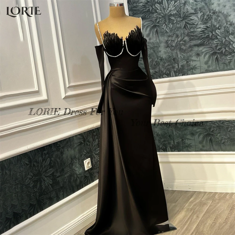 LORIE Luxury Black Mermaid Evening Dresses Shiny Spaghetti Straps Feathers V-Neck Prom Dress Pleated Celebrity Party Gowns 2023