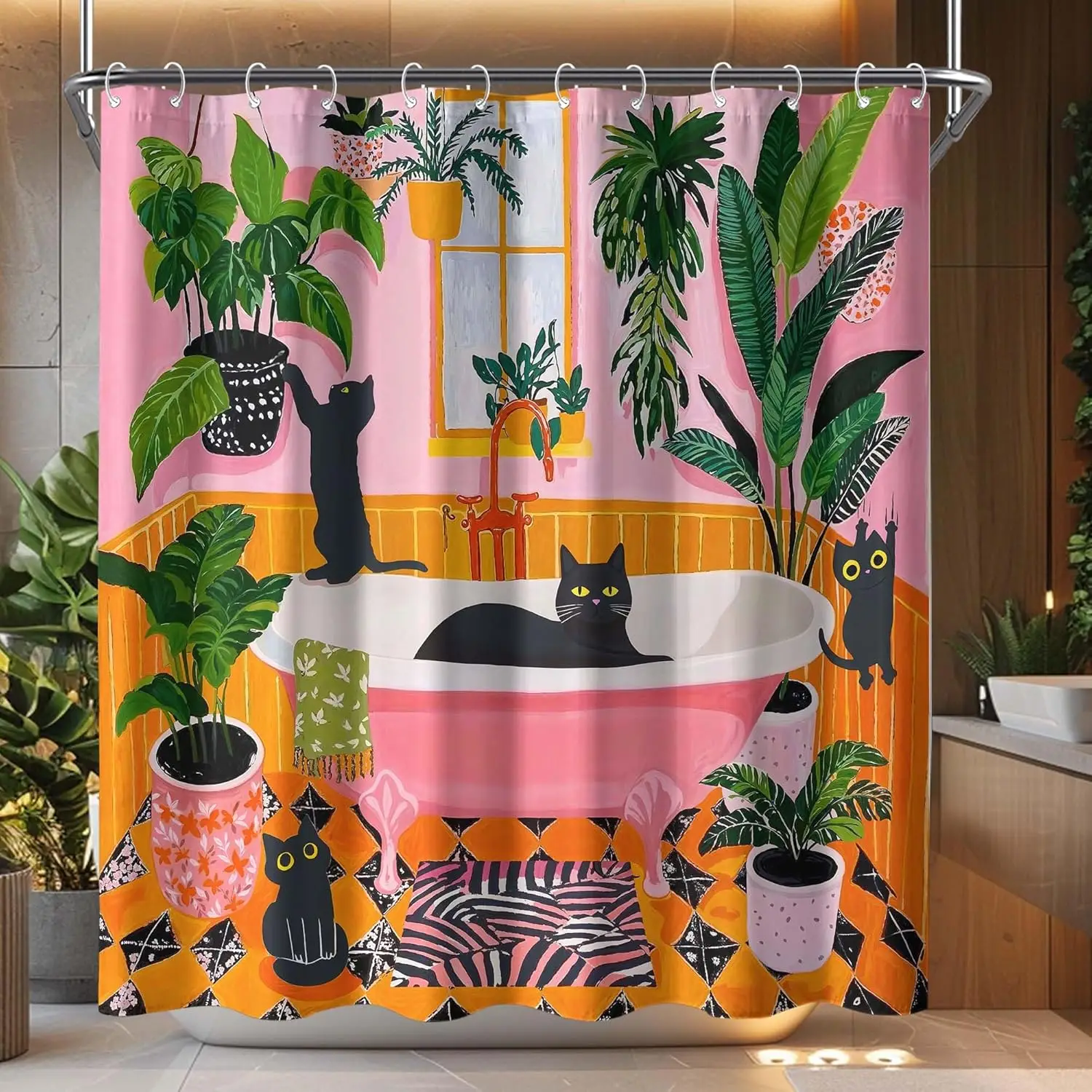 

Funny Cat Shower Curtain with Boho Cute Black Cats and Tropical Plant Leaves, Waterproof Fabric Bath Decor 72x72 Inches