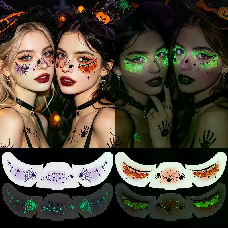 /YOV/In The Dark Halloween Temporary Face Tattoos Realistic Scary Patterns For Cosplay Parties Events Glow