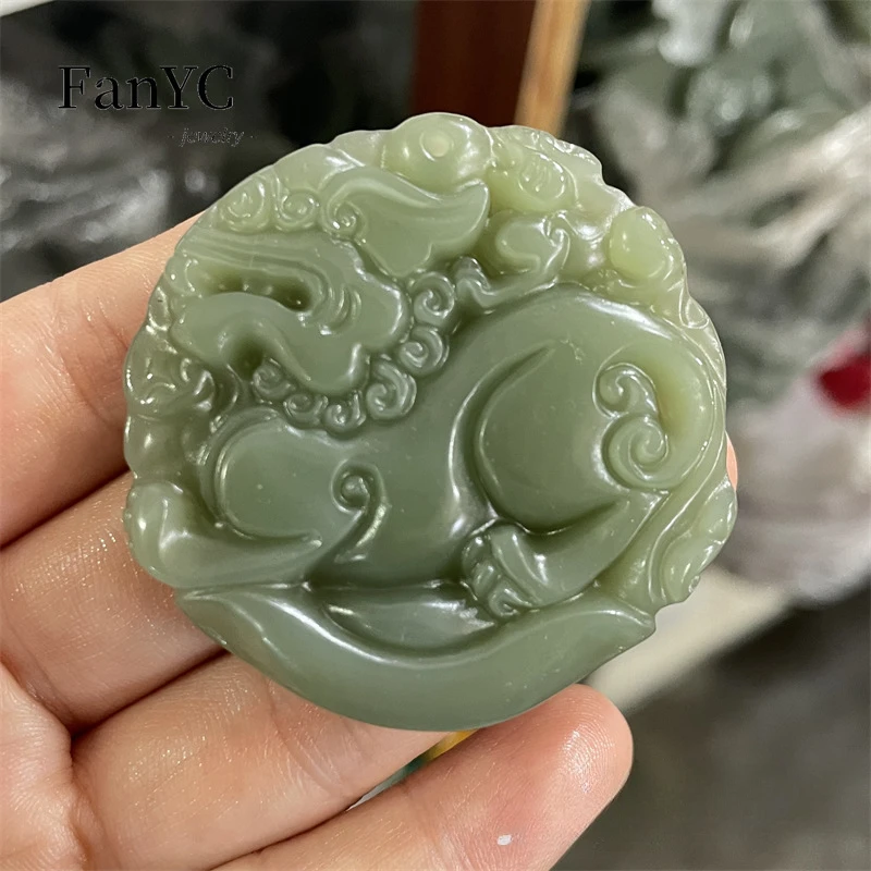 Natural Hotan Green White Jade Guanyin Ruyi Pendant Green Water Green Landscape Brand Men's and Women's Jewelry Lucky Amulet