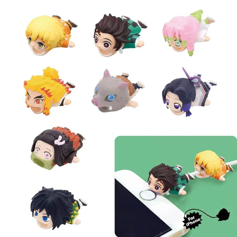 Anime Demon Slayer USB kabel gryzie ochraniacz na Iphone Cute Tanjirou Figures Kawaii Protector zabawki prezenty