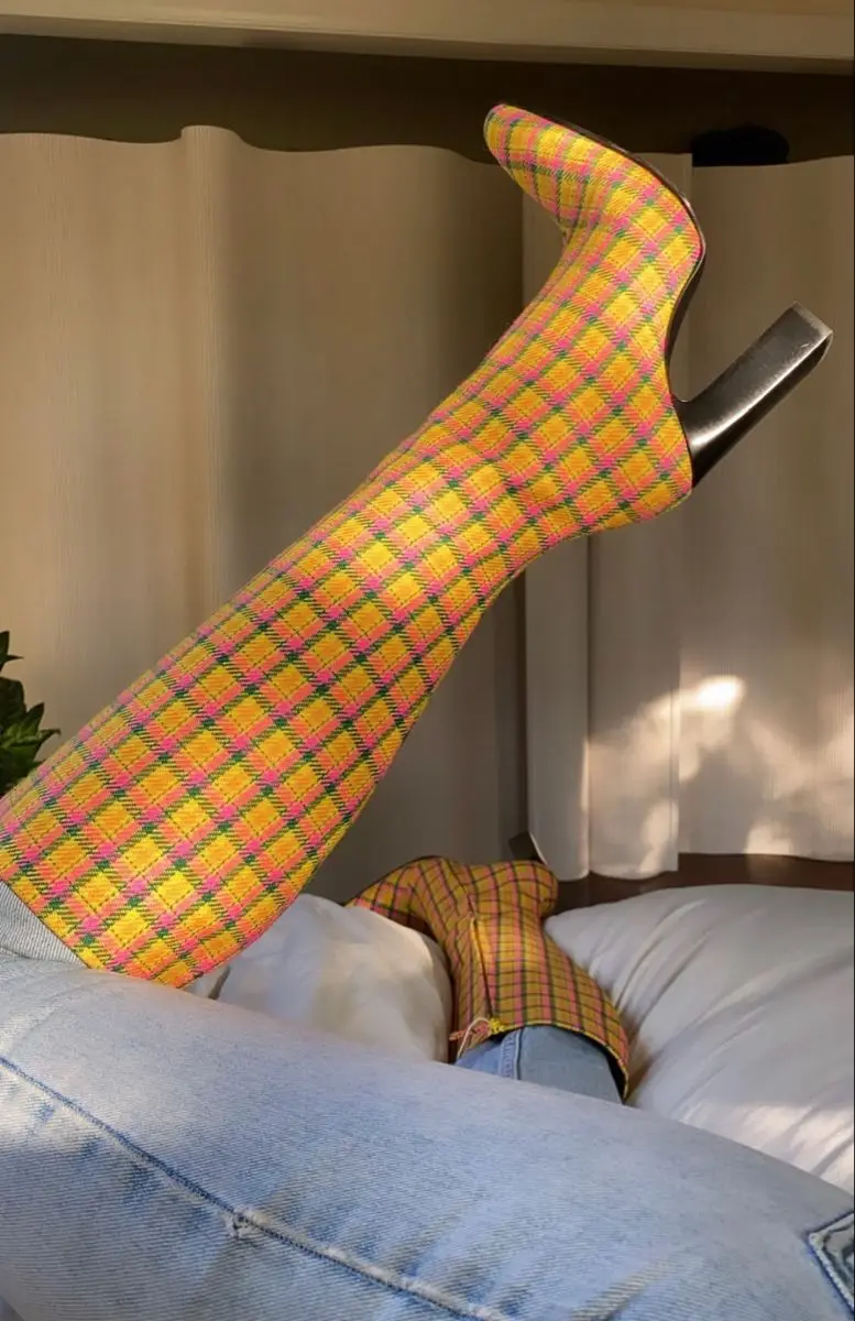 

New Autumn/Winter Women's Plaid Pattern Knee High Boots Multiple Colors Pointed Toe Block High Heel Fashion Boots Large Size