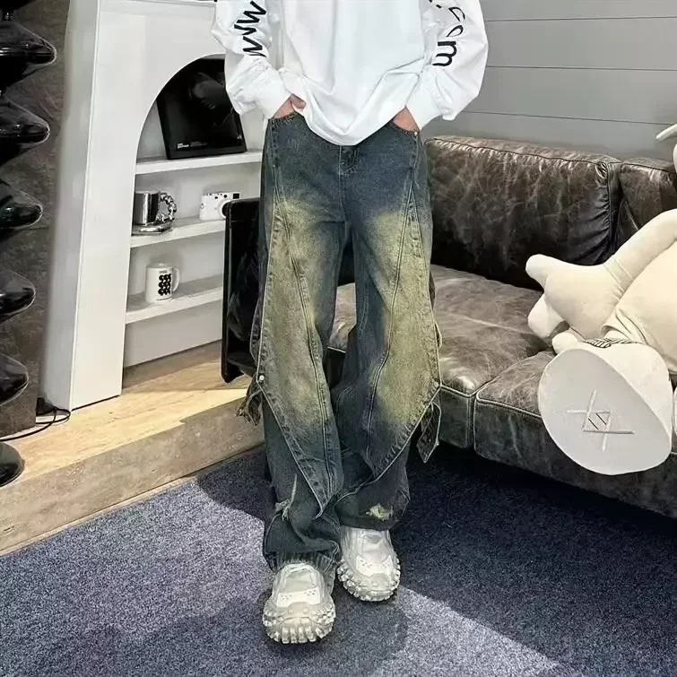 

Jeans Men Denim Pants Straight Trousers Long Pant Loose Casual Regular Simple Hole Pockets Splice High Waist Autumn 2024