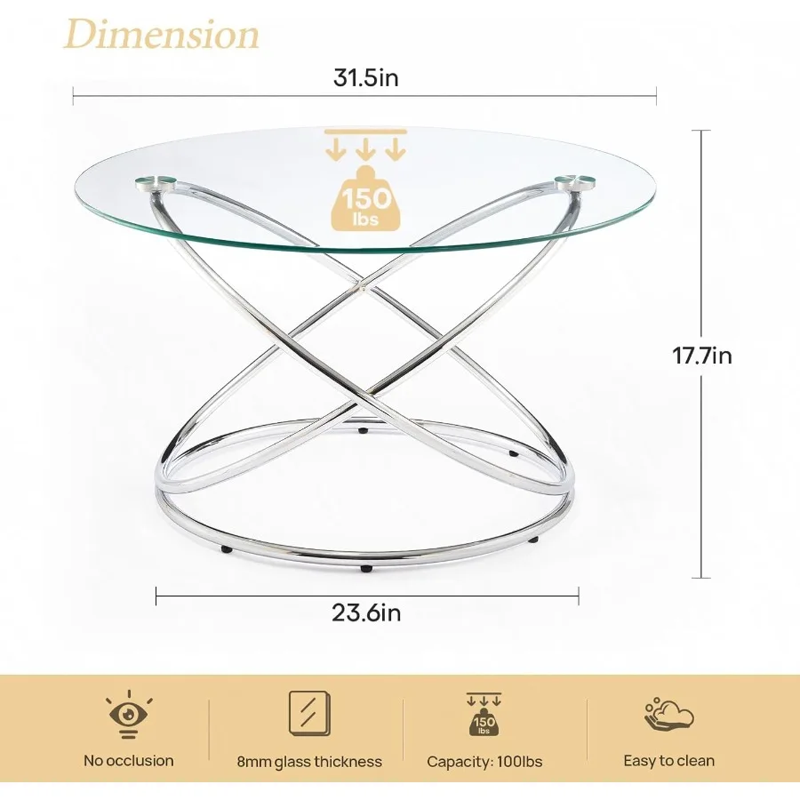 طاولة قهوة زجاجية مستديرة 31.5 مع إطار بيضاوي معدني لامع مطلي بالكروم طاولة قهوة فضية حديثة لغرفة المعيشة #2