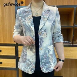 Retro Ink Painting Print Notched Collar Single Breasted Female Suit Jacket Fashion Casual Long Sleeve Blazers Women Coat Clothes