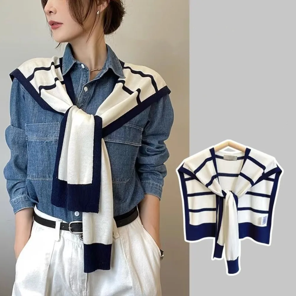 White Striped Knitted Small Shawl Women Outdoor Outfit Air Conditioning Room Versatile Neck Protection Shawl Fake Collar Wrap