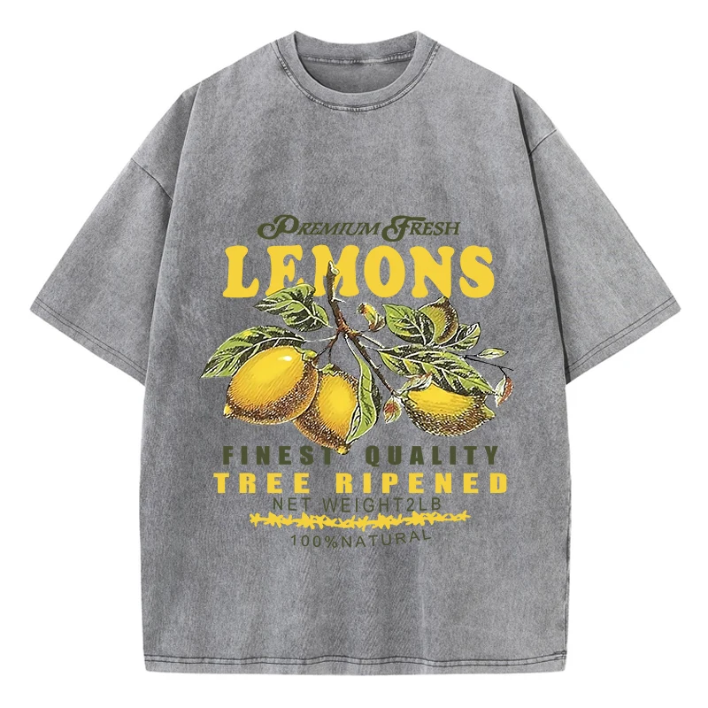 Cotton Women Acid Wash T-Shirts Premium Fresh Lemons Printing Tees Distressed Oversize O-Neck Short Sleeve Casual Female Clothes