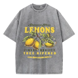 Zomer Verse Citroenen Prints Gewassen T-shirts Dames Katoen Oversized O-hals Tops Straat Vintage Korte Mouw Casual Vrouw Kleding