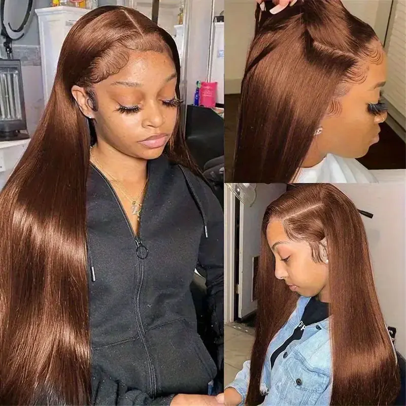 32 Inch Chocolate Brown HD Lace Front Wig 13x4 200% Density Straight Brazilian Human Hair with Pre-Plucked Baby Hair Full Edges for Natural Looking