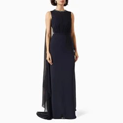 Navy Blue Evening Dress Column Crystal O Neck Draped Chiffon Women's Evening Gowns 2024 Sleeveless Floor Length Prom Dress Long