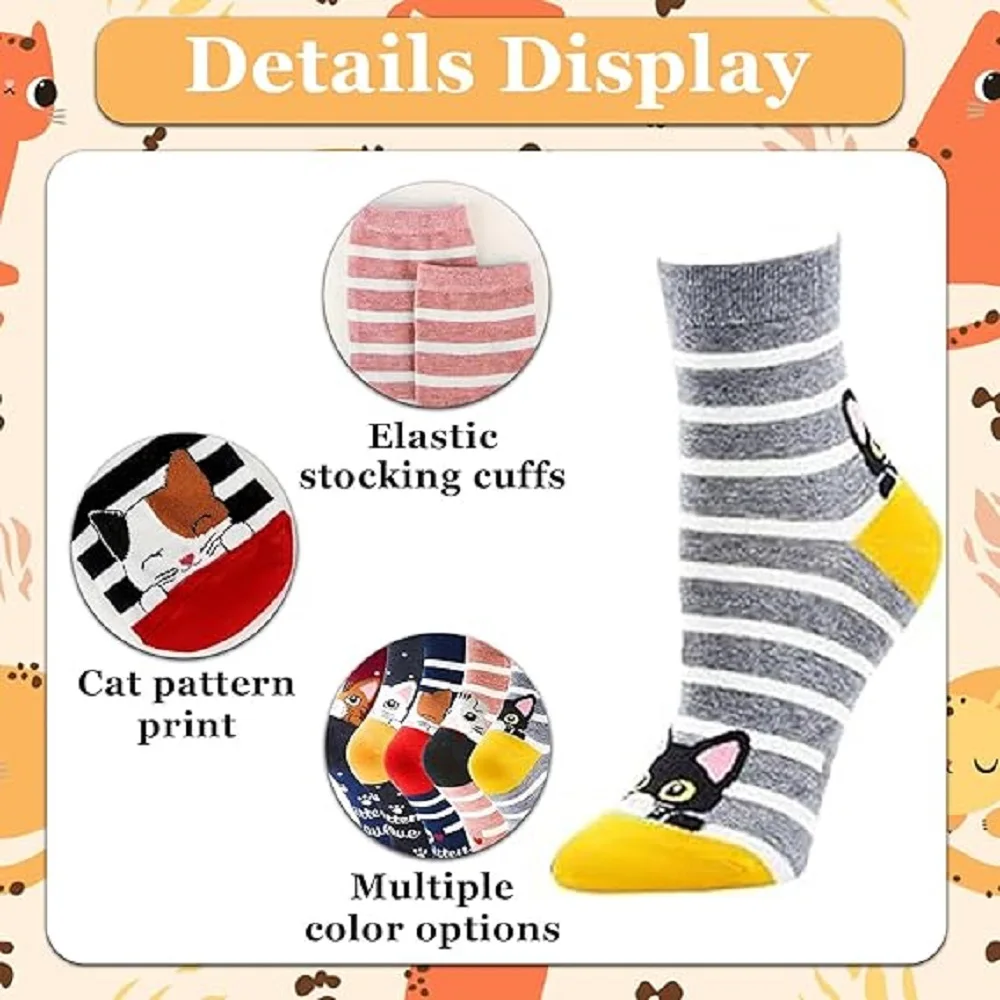 5 Pairs Fashion Women's Cute Cat Socks Cartoon Fun Animal Mid-Tube Sock Soft Comfortable Casual Ankle Socks for Female Girls image 4