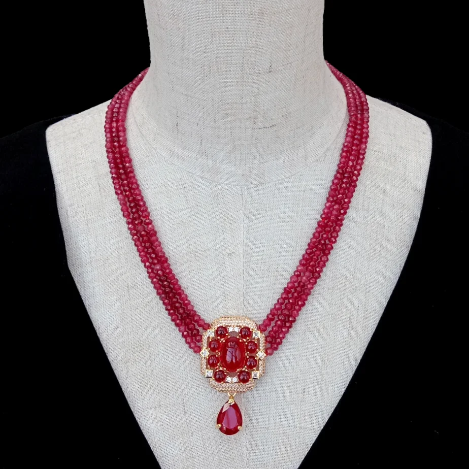 Y·YING 3 Strands Red Jade Cz Pave Red Crystal Pendant Women Strand Collar Choker Stone Necklace
