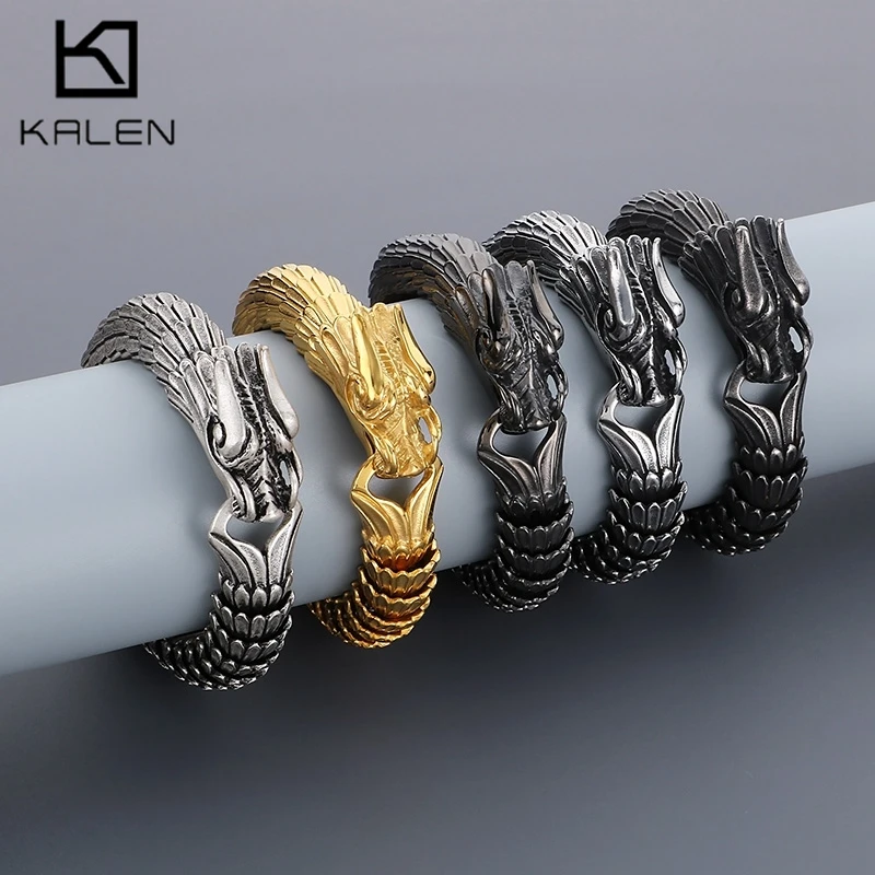 KALEN Punk Animal Dragon Charm Bracelet Men Stainless Steel MatteShiny China Dragon Blessing Bracelet Amulet Bangle Jewelry