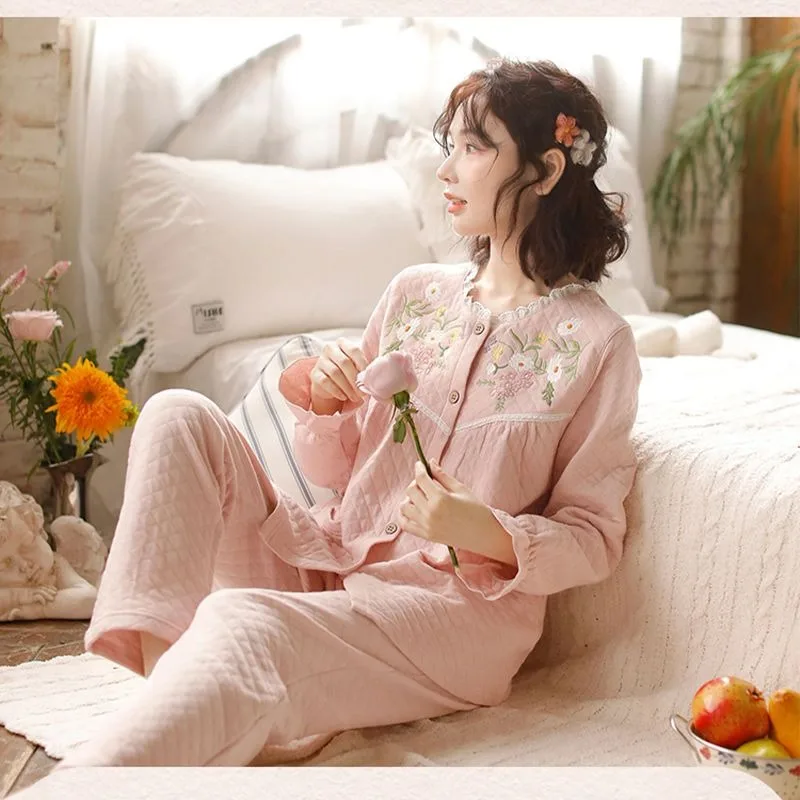 2023 New Sleepwear Women's Winter Air Cotton Autumn Lace Homewer Thickening Outgoing Home Furnishing Set Ruffle Cuffs Sleepcoat