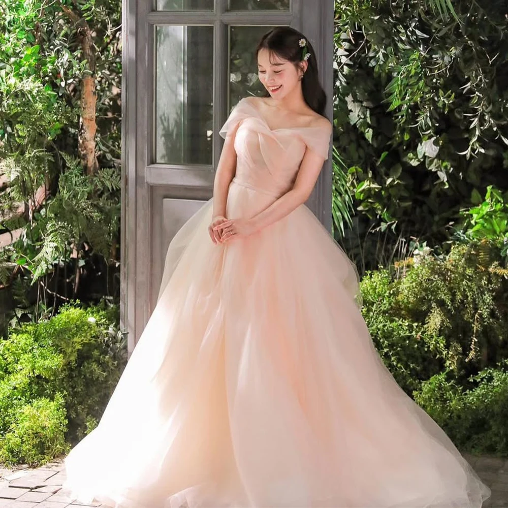 

Bowith Korean Wedding Dresses 2025 Baby Pink Off the Shoulder Bridal Gown Customized Evening Dresses Formal Dress Party Dress