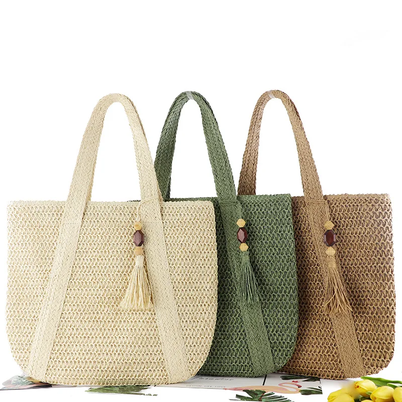 New Woven Bag Fashion One Shoulder Paper Rope Grass Woven Bag Leisure Peach Wood Pendant Beach Bags Luxury Designer Handbag 2024