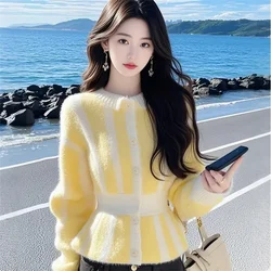 Yellow Contrast Receive Waist Sweater Women's 2025 Spring And Autumn High-Grade Sense Super Nice Unique Beautiful Knitted Top