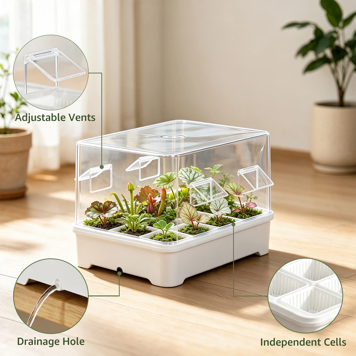 Meshpot Seed Starter Tray Kit with Adjustable Vented Tall Humidity Dome Nursery Pots plant germination trays