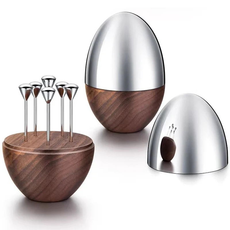 6pcs/Set Luxury Nordic Egg Shape Toothpick Holder Stainless Steel Restaurant Bar Decor Creative Walnut Wood Toothpicks Container